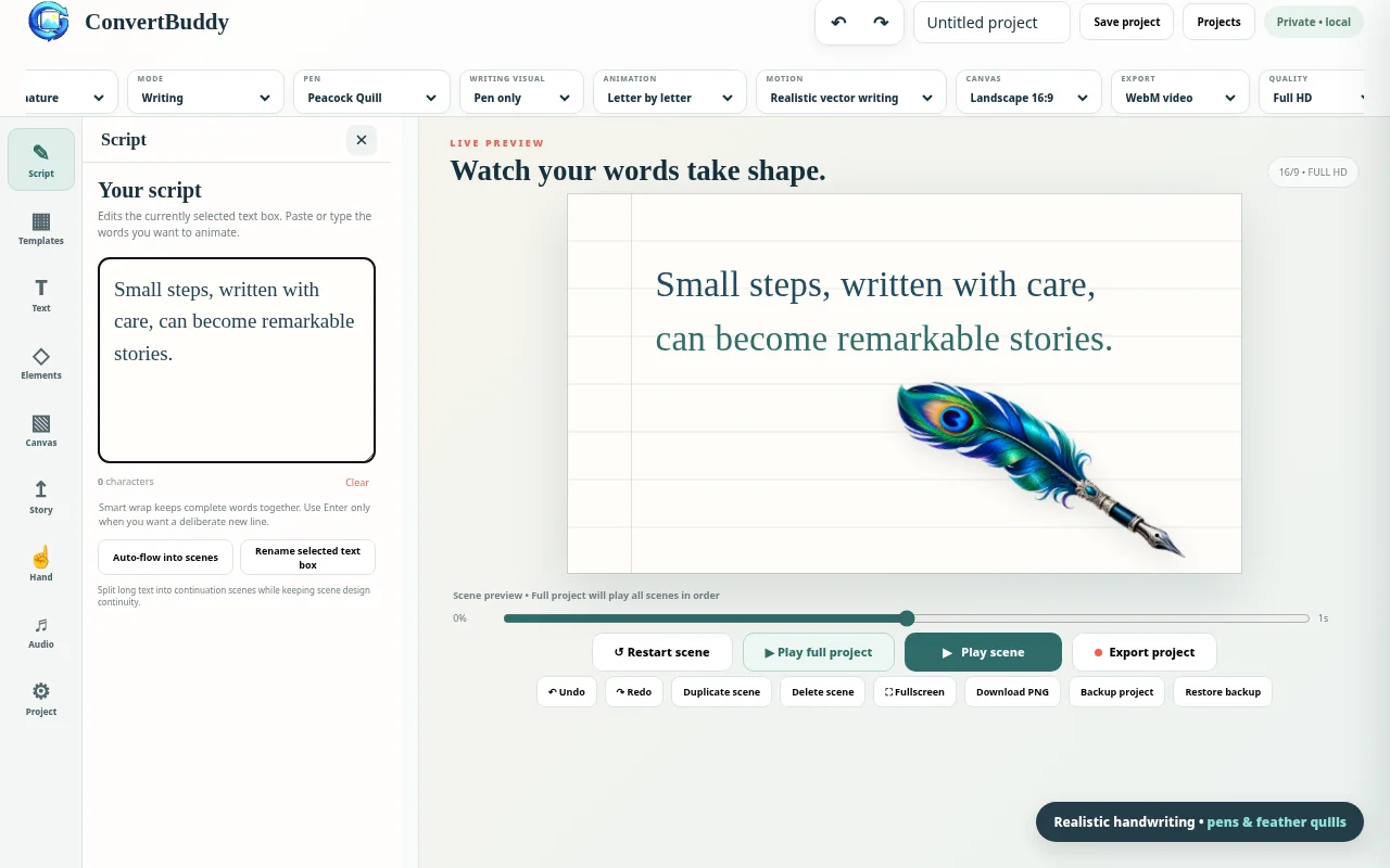 Text converted into animated handwriting with a peacock feather quill in ConvertBuddy
