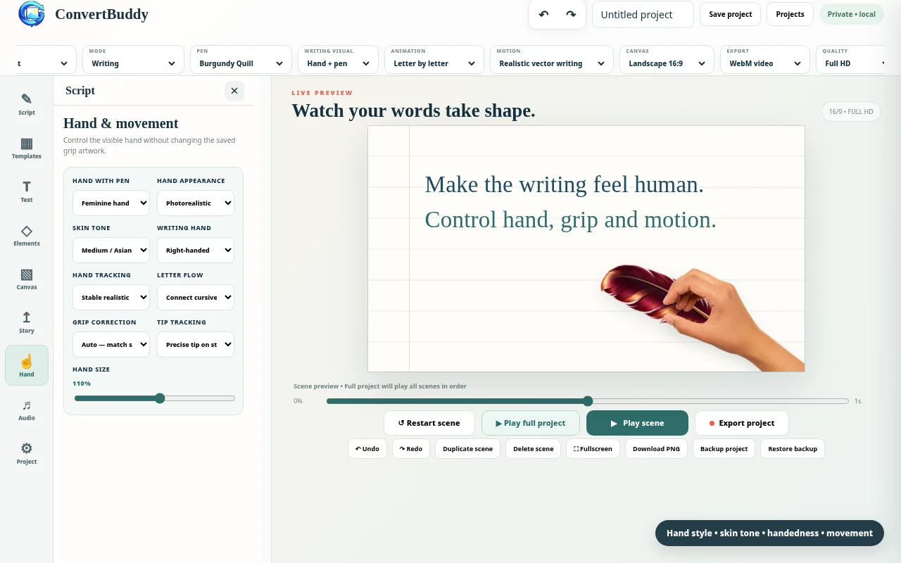 Hand movement and writing realism controls in ConvertBuddy Handwriting Animation Video Maker