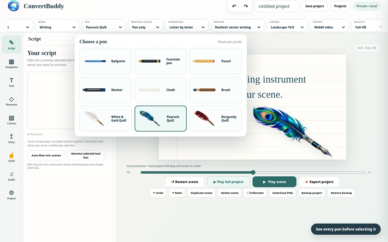 Visual pen picker with ballpoint, fountain pen, pencil, marker, brush and feather quill choices