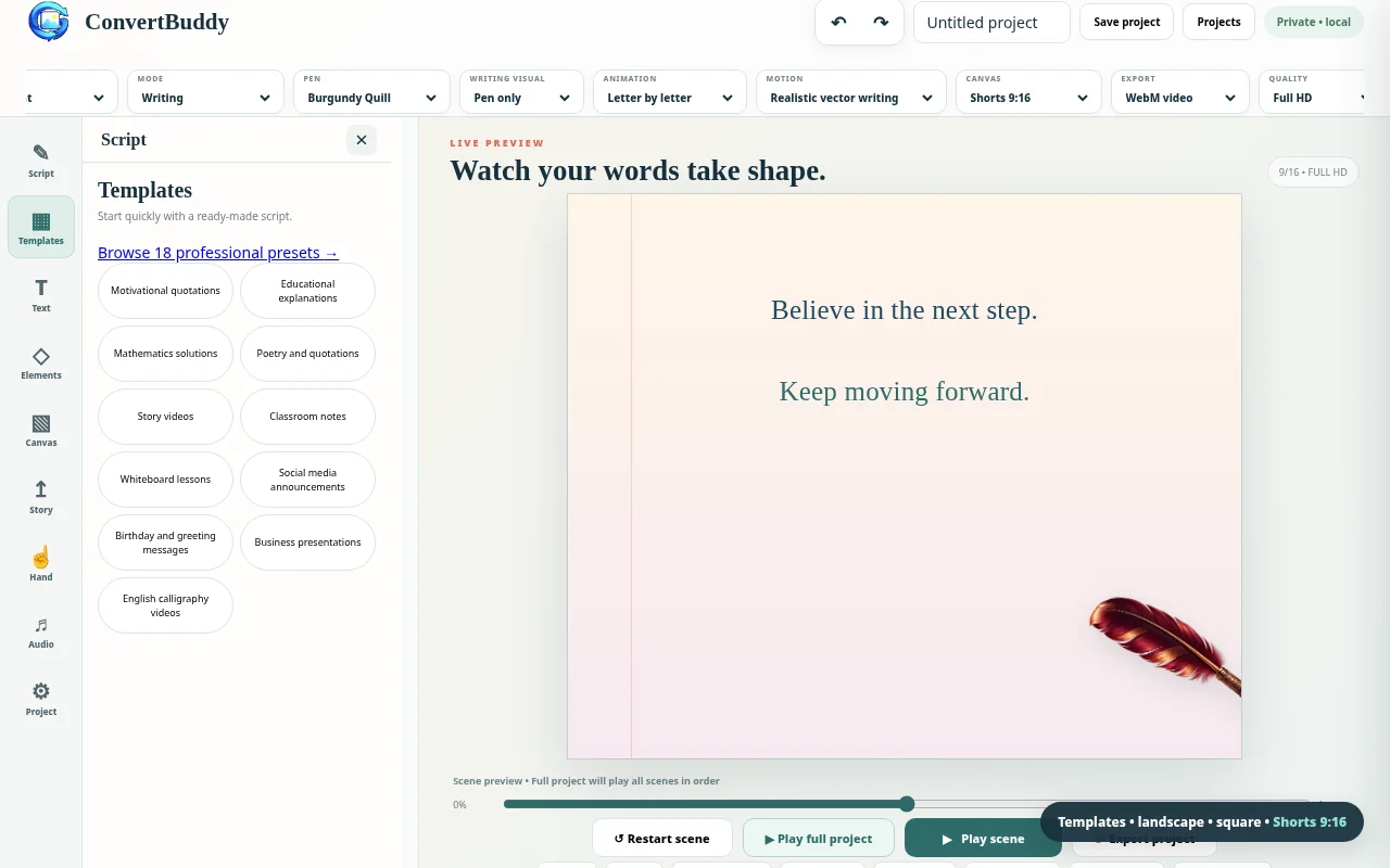 ConvertBuddy handwriting animation templates and vertical Shorts canvas
