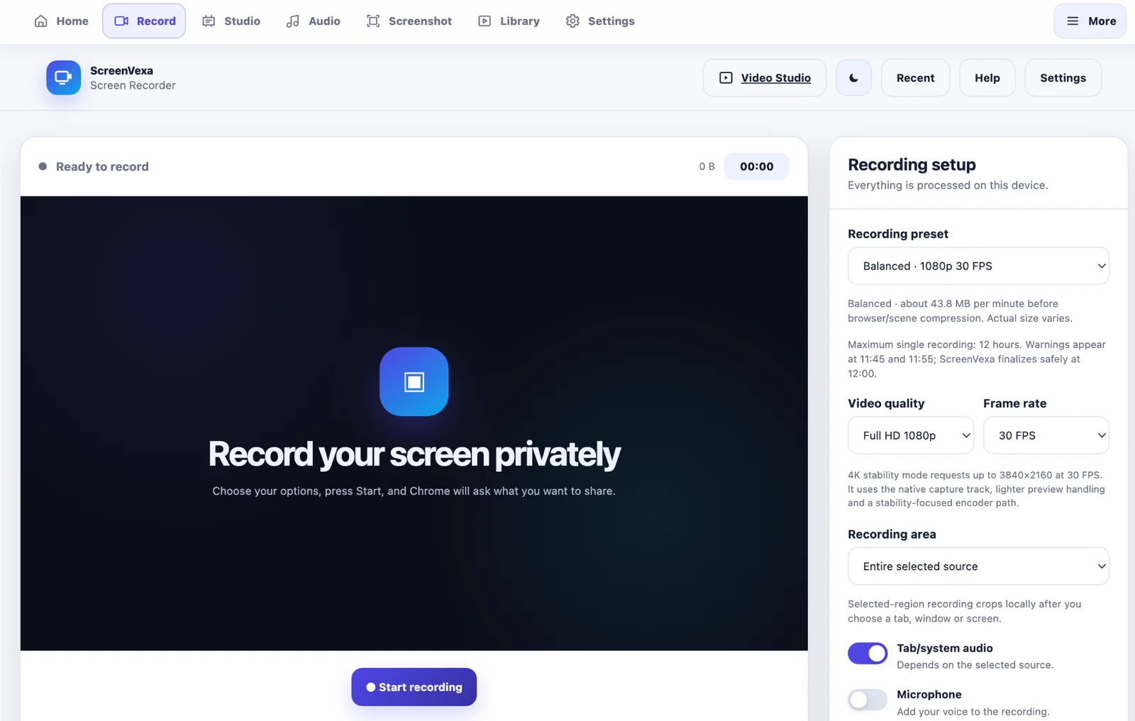 ScreenVexa recording setup