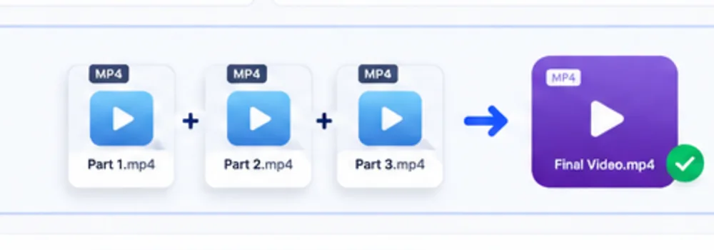 Illustration of three MP4 video parts being combined into one final MP4 video
